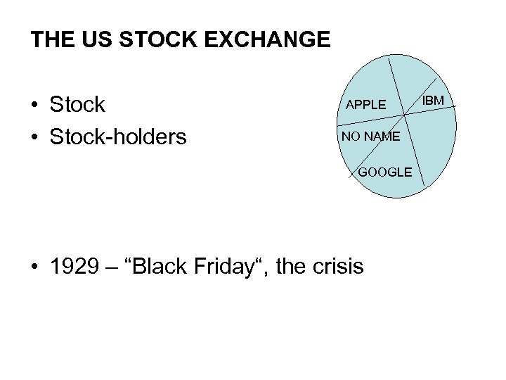 THE US STOCK EXCHANGE • Stock-holders APPLE NO NAME GOOGLE • 1929 – “Black