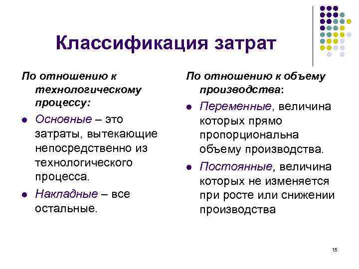 Классификация затрат По отношению к технологическому процессу: l l Основные – это затраты, вытекающие