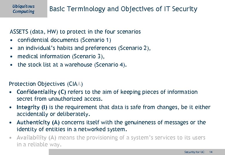 Ubiquitous Computing Basic Terminology and Objectives of IT Security ASSETS (data, HW) to protect