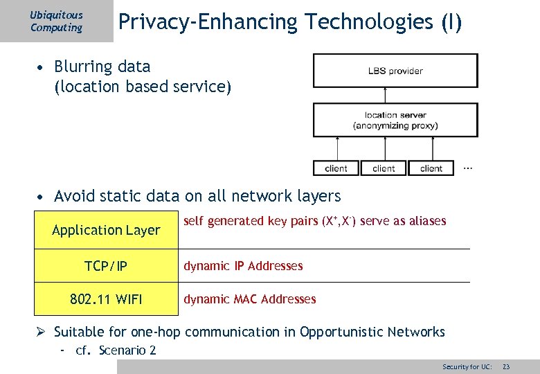 Ubiquitous Computing Privacy-Enhancing Technologies (I) • Blurring data (location based service) • Avoid static