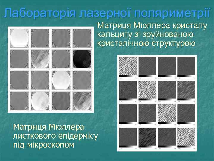 Лабораторія лазерної поляриметрії Матриця Мюллера кристалу кальциту зі зруйнованою кристалічною структурою Матриця Мюллера листкового