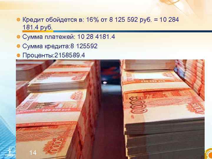 Кредит обойдется в: 16% от 8 125 592 руб. = 10 284 181. 4