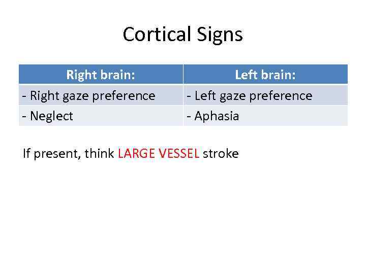 Cortical Signs Right brain: - Right gaze preference - Neglect Left brain: - Left