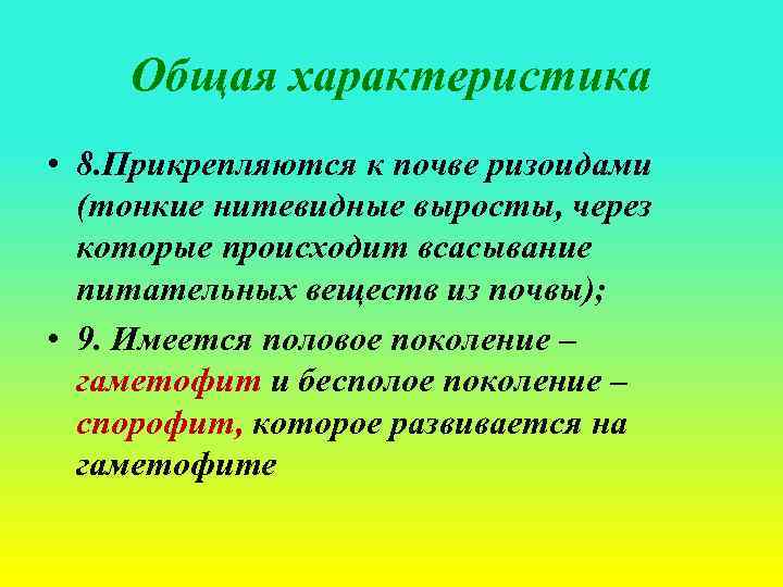 Общая характеристика • 8. Прикрепляются к почве ризоидами (тонкие нитевидные выросты, через которые происходит