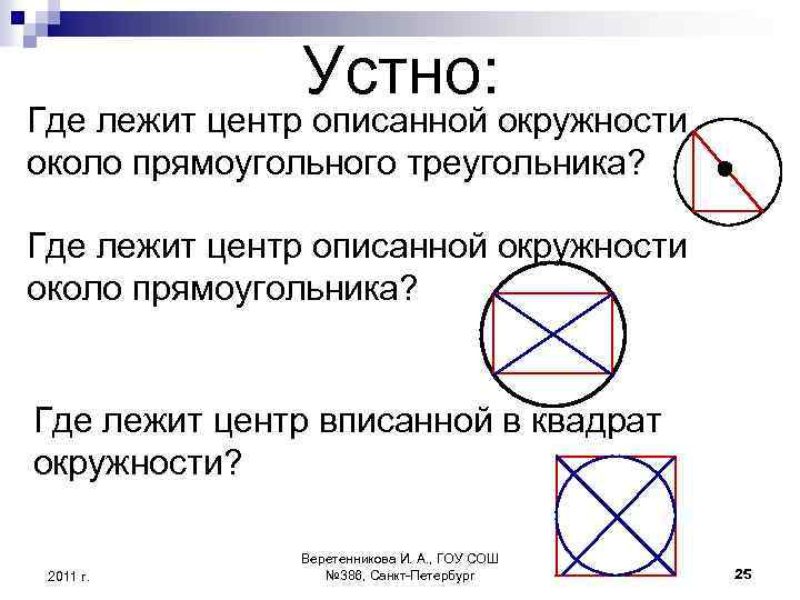 Устно: Где лежит центр описанной окружности около прямоугольного треугольника? Где лежит центр описанной окружности