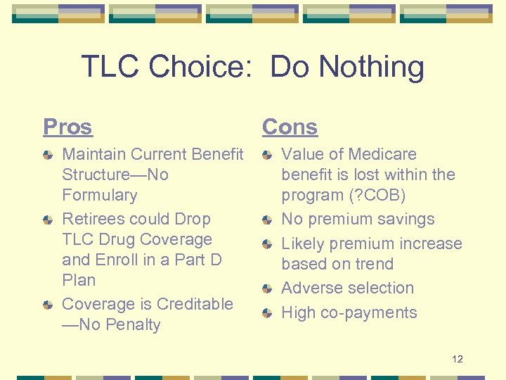 TLC Choice: Do Nothing Pros Maintain Current Benefit Structure—No Formulary Retirees could Drop TLC