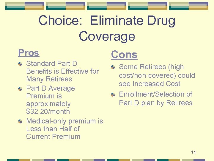 Choice: Eliminate Drug Coverage Pros Standard Part D Benefits is Effective for Many Retirees