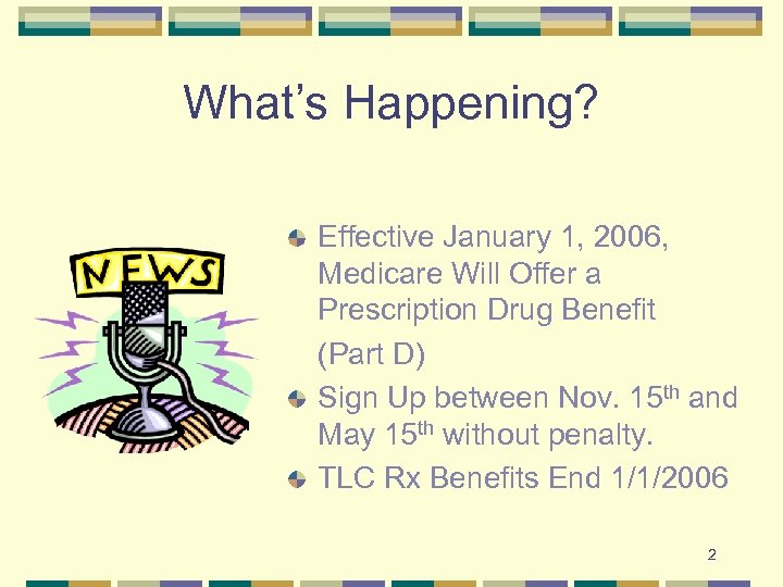 What’s Happening? Effective January 1, 2006, Medicare Will Offer a Prescription Drug Benefit (Part