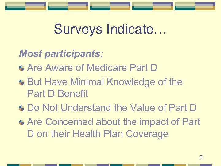 Surveys Indicate… Most participants: Are Aware of Medicare Part D But Have Minimal Knowledge