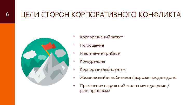 6 ЦЕЛИ СТОРОН КОРПОРАТИВНОГО КОНФЛИКТА • Корпоративный захват • Поглощение • Извлечение прибыли •