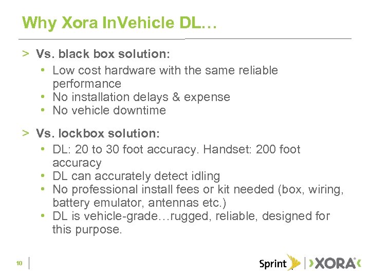 Why Xora In. Vehicle DL… > Vs. black box solution: • Low cost hardware