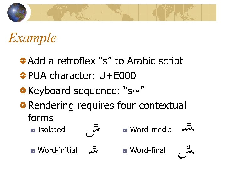 Example Add a retroflex “s” to Arabic script PUA character: U+E 000 Keyboard sequence: