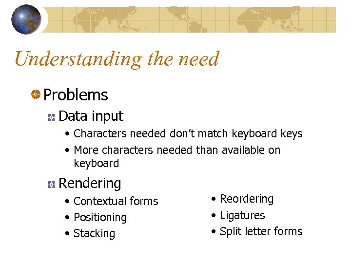 Understanding the need Problems Data input • Characters needed don’t match keyboard keys •