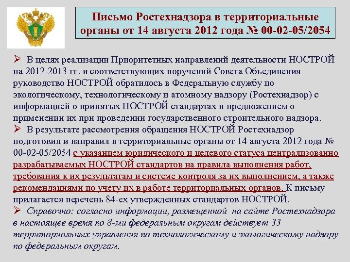 Письмо Ростехнадзора в территориальные органы от 14 августа 2012 года № 00 -02 -05/2054