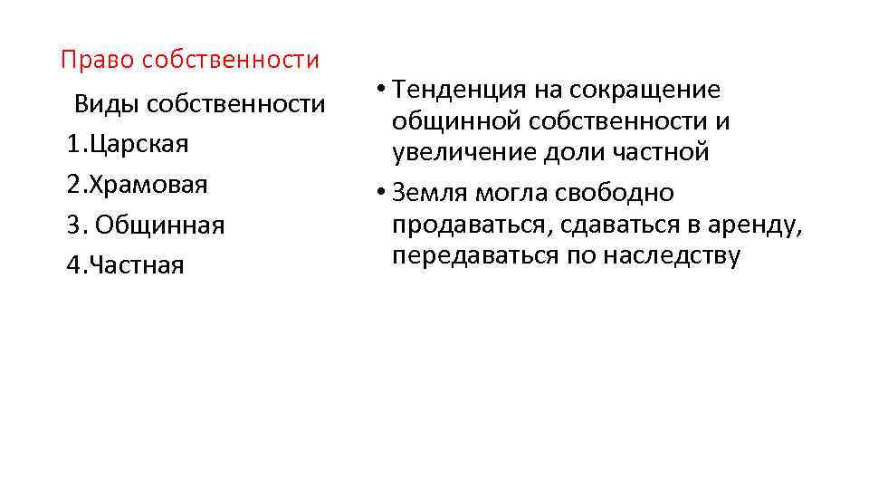 Право собственности Виды собственности 1. Царская 2. Храмовая 3. Общинная 4. Частная • Тенденция