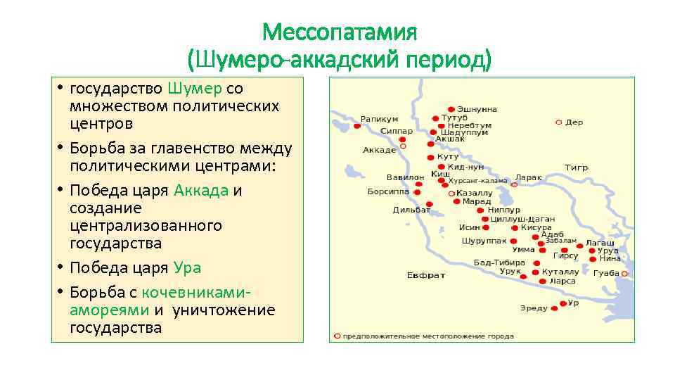 Мессопатамия (Шумеро-аккадский период) • государство Шумер со множеством политических центров • Борьба за главенство