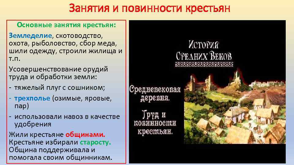 Занятия и повинности крестьян Основные занятия крестьян: Земледелие, скотоводство, охота, рыболовство, сбор меда, шили