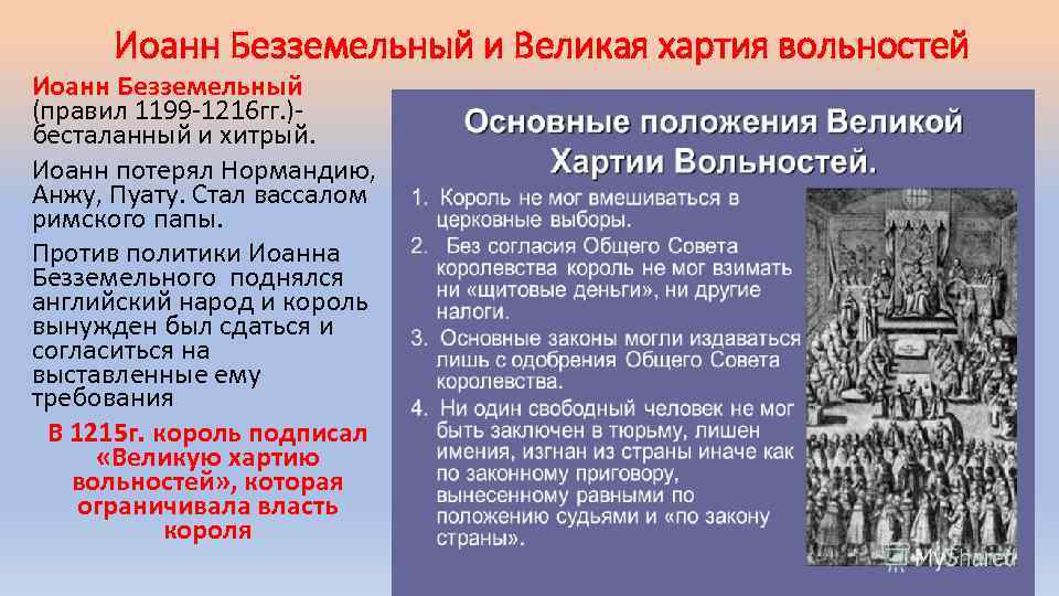 Иоанн Безземельный и Великая хартия вольностей Иоанн Безземельный (правил 1199 -1216 гг. )- бесталанный