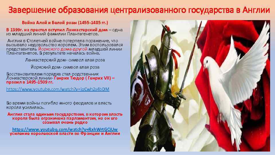 Завершение образования централизованного государства в Англии Война Алой и Белой розы (1455 -1485 гг.