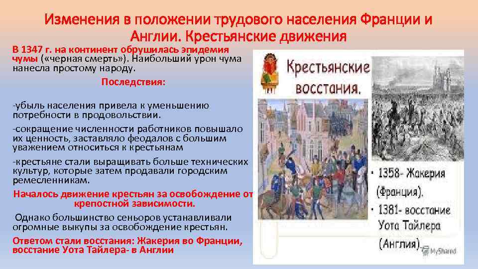 Изменения в положении трудового населения Франции и Англии. Крестьянские движения В 1347 г. на