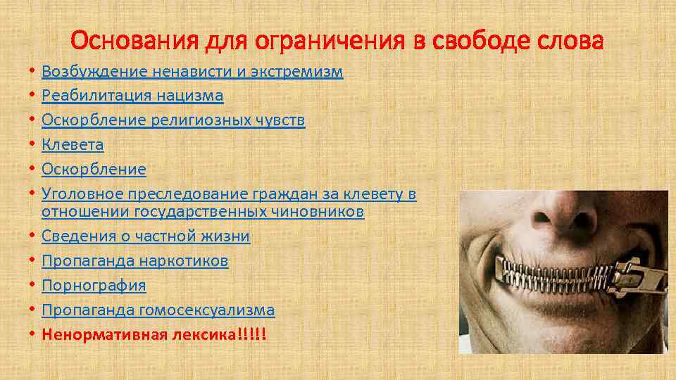 Основания для ограничения в свободе слова • • • Возбуждение ненависти и экстремизм Реабилитация