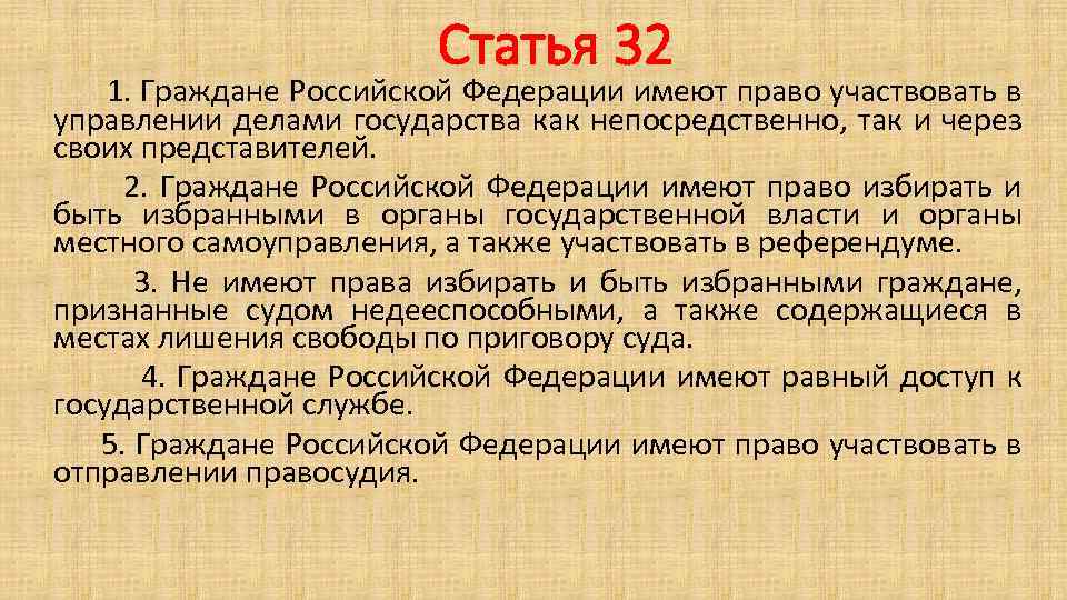 Статья 32. Граждане Российской Федерации имеют право. Имеет право избирать гражданин Российской Федерации. Какие права имеют граждане Российской Федерации.