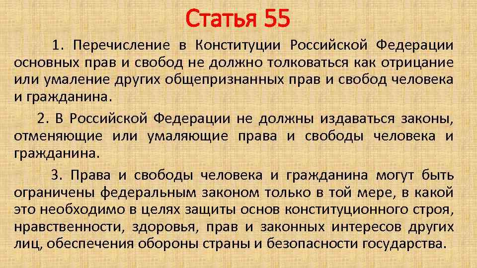 Статья 55 1. Перечисление в Конституции Российской Федерации основных прав и свобод не должно