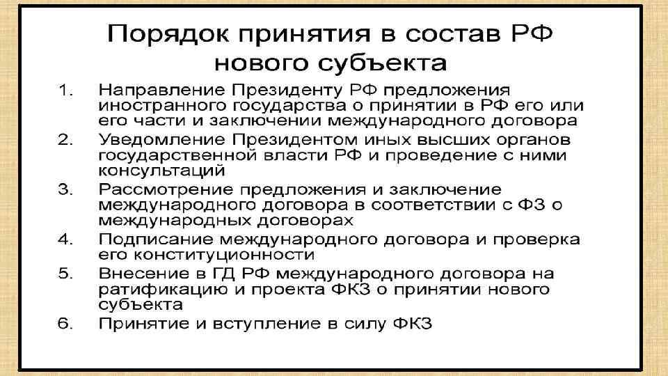 Порядок принятия в рф нового субъекта рф схема