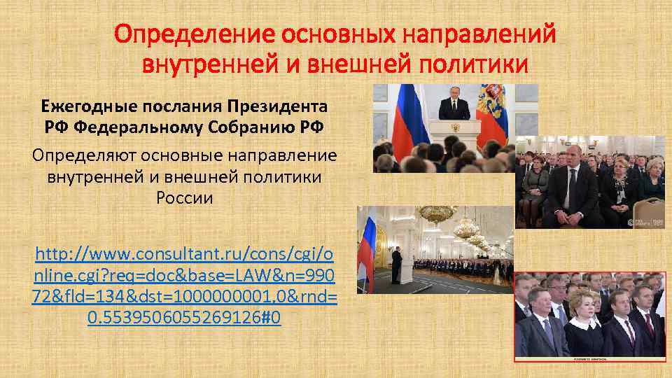 Определение основных направлений внутренней и внешней политики Ежегодные послания Президента РФ Федеральному Собранию РФ