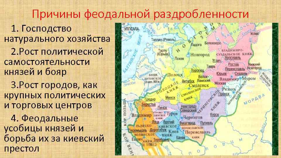 Причины феодальной раздробленности 1. Господство натурального хозяйства 2. Рост политической самостоятельности князей и бояр