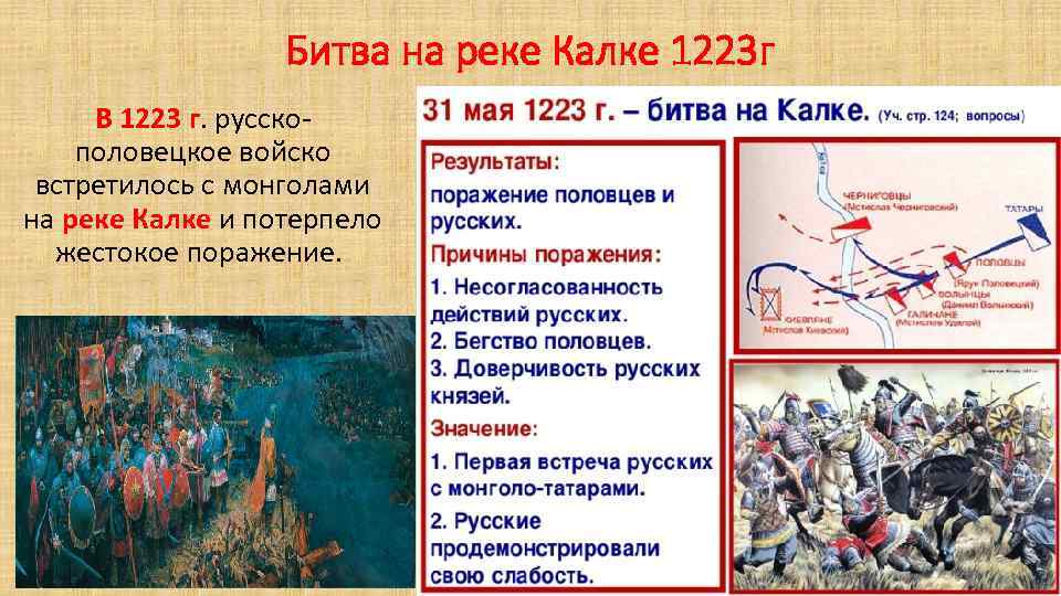 Битва на реке Калке 1223 г В 1223 г. русскополовецкое войско встретилось с монголами