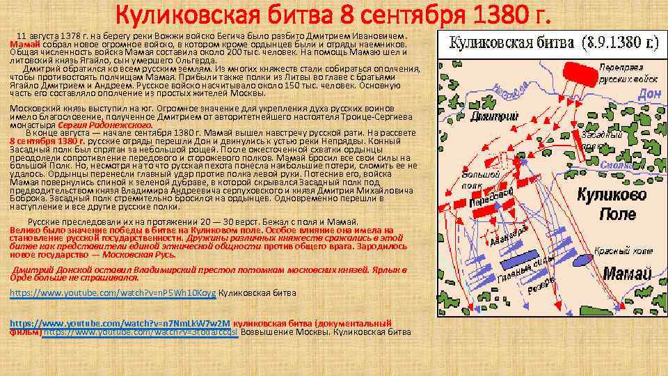 Куликовская битва 8 сентября 1380 г. 11 августа 1378 г. на берегу реки Вожжи