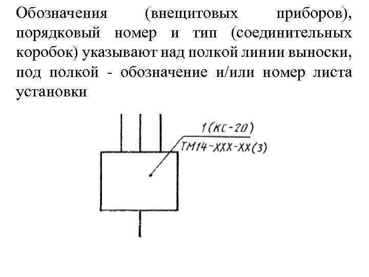 Обозначения (внещитовых приборов), порядковый номер и тип (соединительных коробок) указывают над полкой линии выноски,