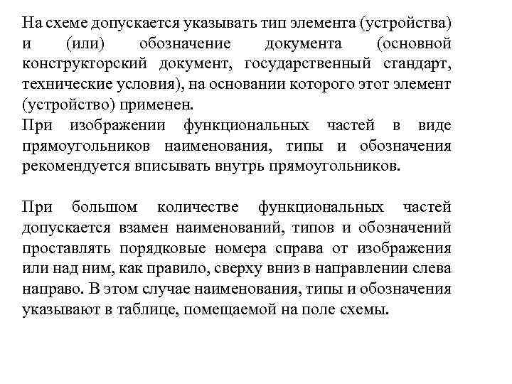 На схеме допускается указывать тип элемента (устройства) и (или) обозначение документа (основной конструкторский документ,