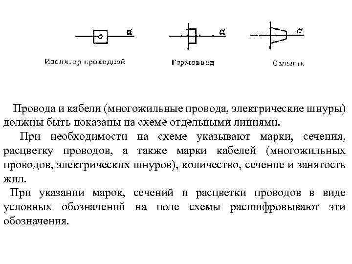 Провода и кабели (многожильные провода, электрические шнуры) должны быть показаны на схеме отдельными линиями.