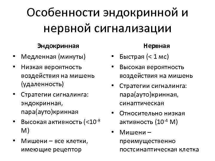 Особенности эндокринной и нервной сигнализации Эндокринная Нервная • Медленная (минуты) • Низкая вероятность воздействия