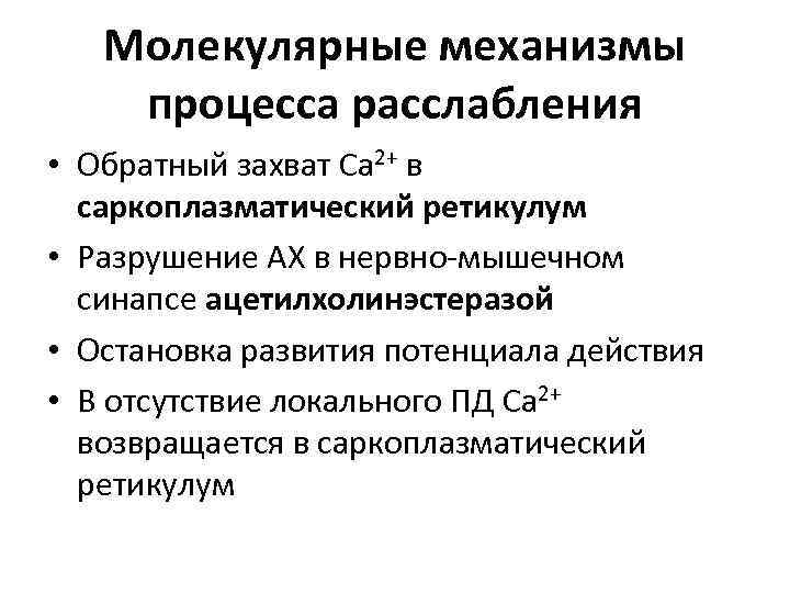 Молекулярные механизмы процесса расслабления • Обратный захват Ca 2+ в саркоплазматический ретикулум • Разрушение