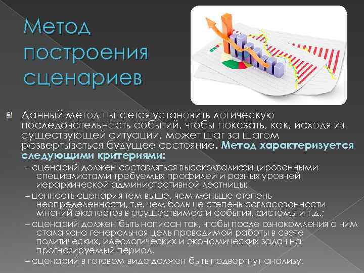 Метод построения сценариев Данный метод пытается установить логическую последовательность событий, чтобы показать, как, исходя