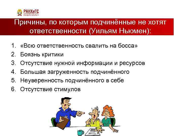Причины, по которым подчинённые не хотят ответственности (Уильям Ньюмен): 1. 2. 3. 4. 5.