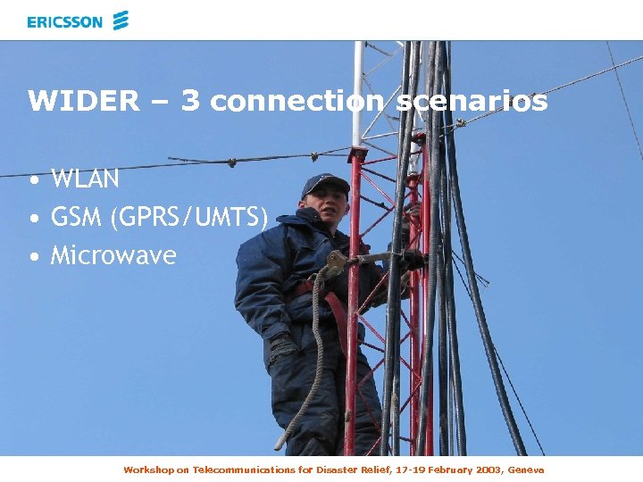 WIDER – 3 connection scenarios • WLAN • GSM (GPRS/UMTS) • Microwave Workshop on
