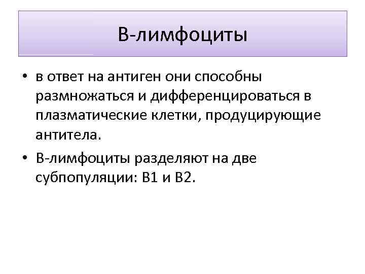 В-лимфоциты • в ответ на антиген они способны размножаться и дифференцироваться в плазматические клетки,