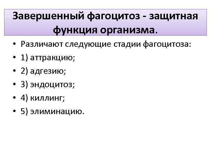 Завершенный фагоцитоз - защитная функция организма. • • • Различают следующие стадии фагоцитоза: 1)