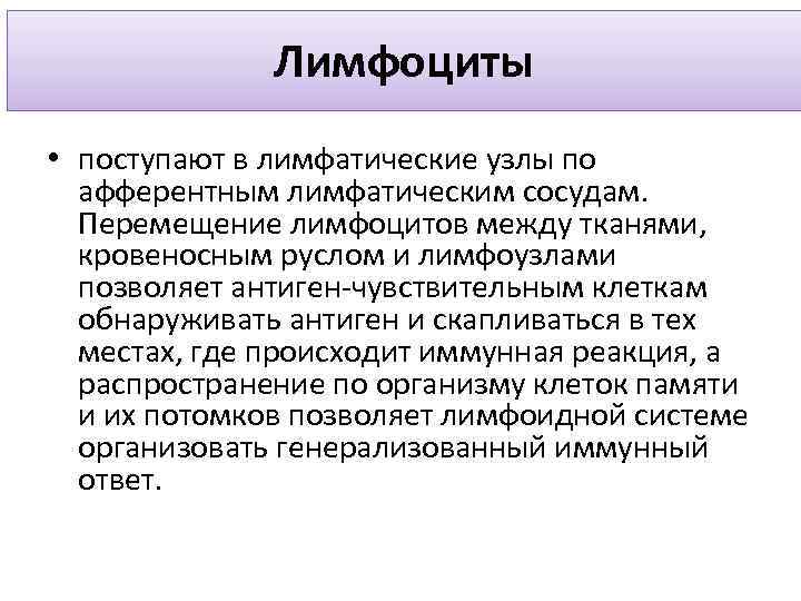 Лимфоциты • поступают в лимфатические узлы по афферентным лимфатическим сосудам. Перемещение лимфоцитов между тканями,