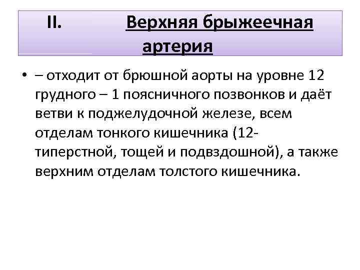 II. Верхняя брыжеечная артерия • – отходит от брюшной аорты на уровне 12 грудного