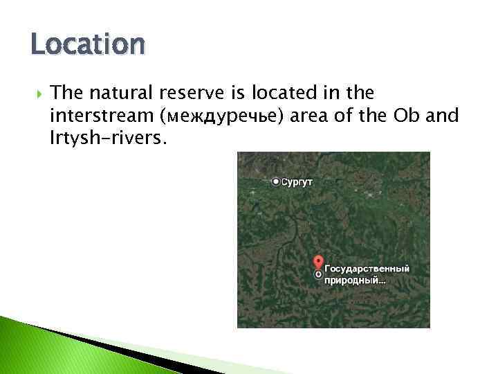 Location The natural reserve is located in the interstream (междуречье) area of the Ob