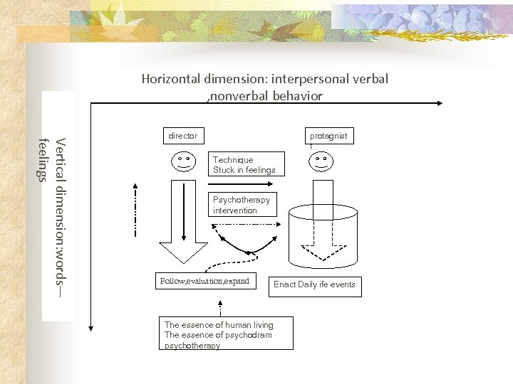 Horizontal dimension: interpersonal verbal , nonverbal behavior Vertical dimension: words— feelings director protagnist t