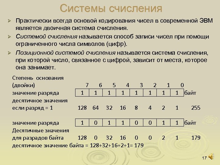 Системы счисления Практически всегда основой кодирования чисел в современной ЭВМ является двоичная система счисления.