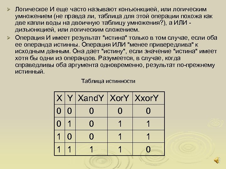 Логическое И еще часто называют конъюнкцией, или логическим умножением (не правда ли, таблица для