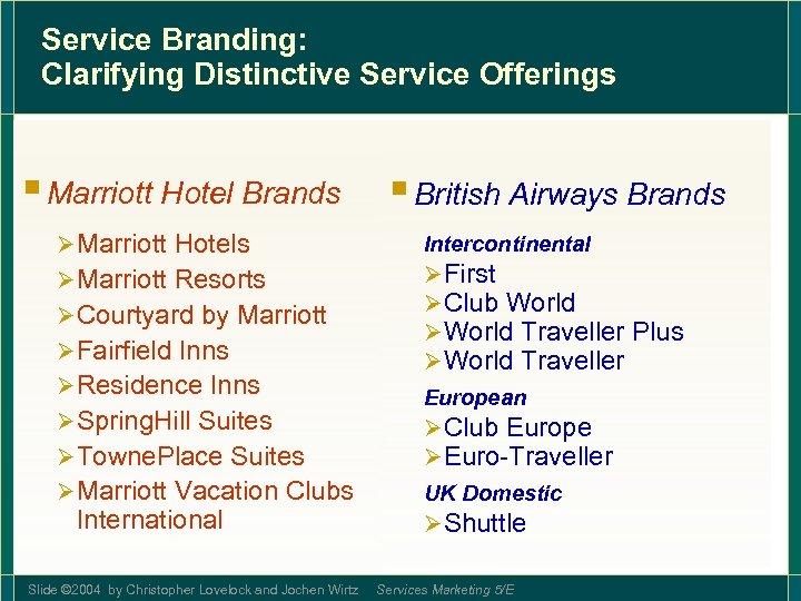 Service Branding: Clarifying Distinctive Service Offerings § Marriott Hotel Brands Ø Marriott Hotels Ø