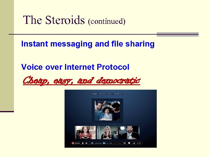 The Steroids (continued) Instant messaging and file sharing Voice over Internet Protocol Cheap, easy,